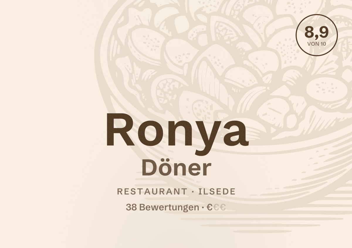 Illustriertes Poster von Ronya Döner, Restaurant in Ilsede: Bewertung 8,9 von 10 aus 38 Bewertungen, Preisniveau €