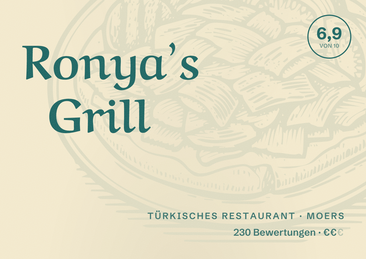 Illustriertes Poster von Ronya’s Grill, Türkisches Restaurant in Moers: Bewertung 6,9 von 10 aus 230 Bewertungen, Preisniveau €€