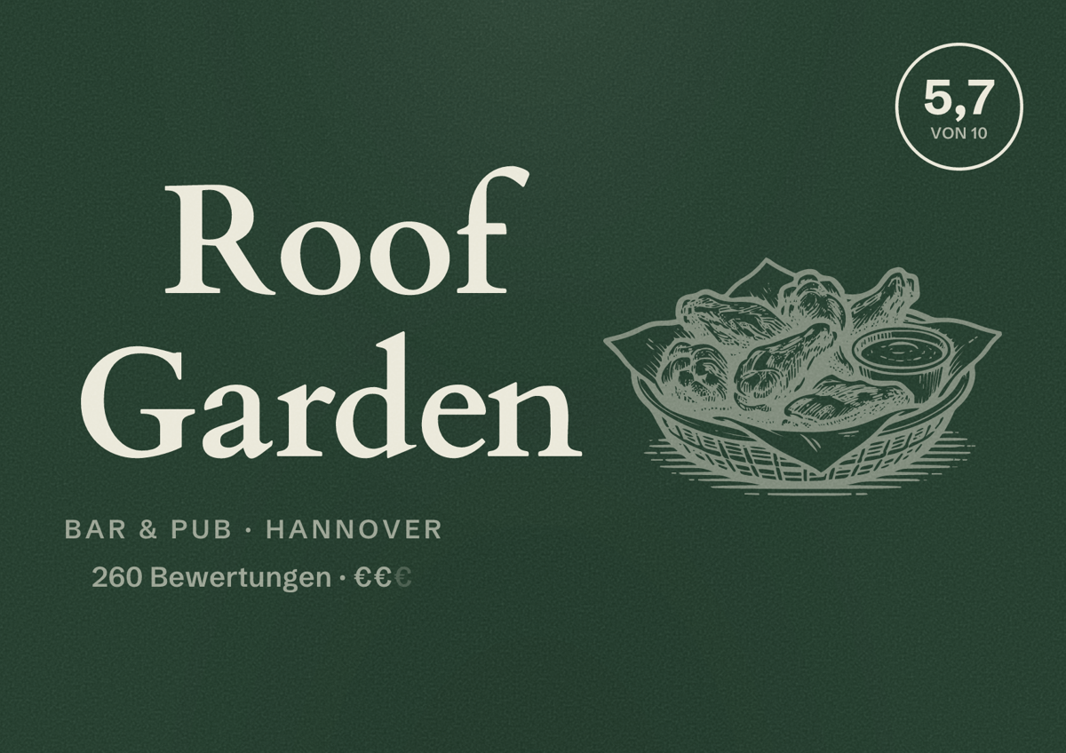 Illustriertes Poster von Roof Garden, Bar & Pub in Hannover: Bewertung 5,7 von 10 aus 260 Bewertungen, Preisniveau €€