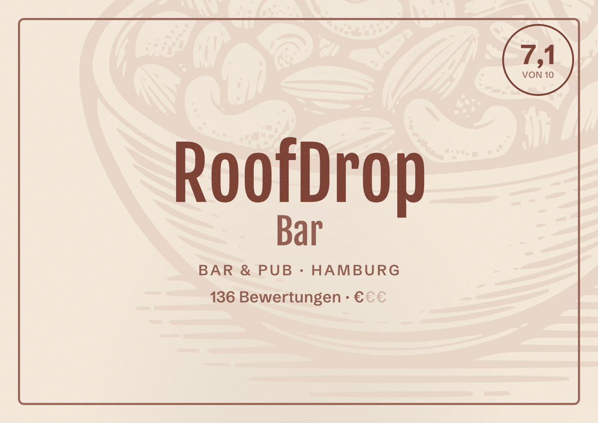 Illustriertes Poster von RoofDrop Bar, Bar & Pub in Hamburg: Bewertung 7,1 von 10 aus 136 Bewertungen, Preisniveau €