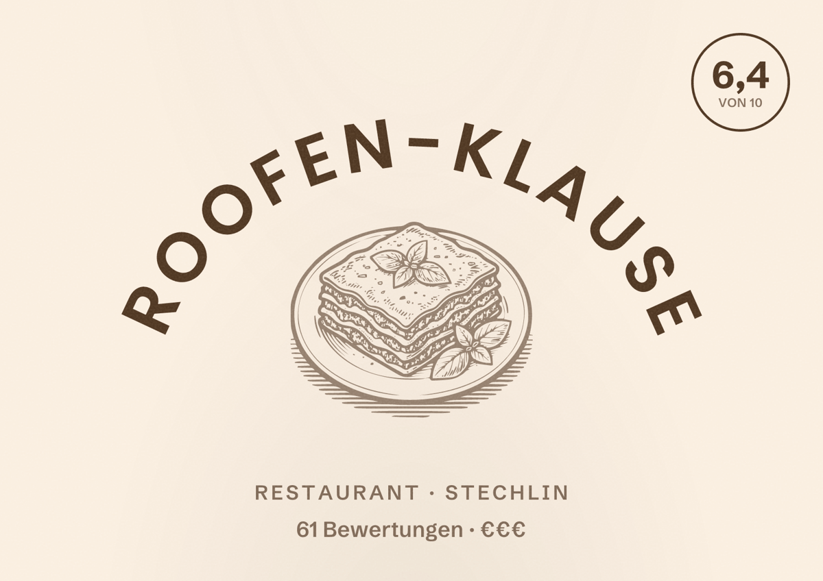 Illustriertes Poster von Roofen-Klause, Restaurant in Stechlin: Bewertung 6,4 von 10 aus 61 Bewertungen, Preisniveau €€€