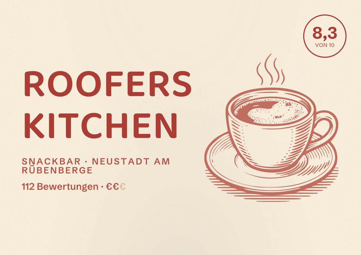 Illustriertes Poster von Roofers Kitchen, Snackbar in Neustadt am Rübenberge: Bewertung 8,3 von 10 aus 112 Bewertungen, Preisniveau €€