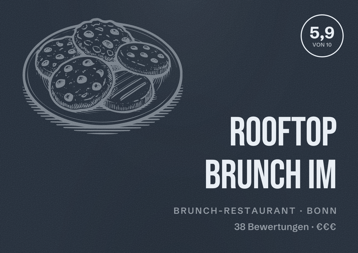 Illustriertes Poster von Rooftop Brunch im, Brunch-Restaurant in Bonn: Bewertung 5,9 von 10 aus 38 Bewertungen, Preisniveau €€€
