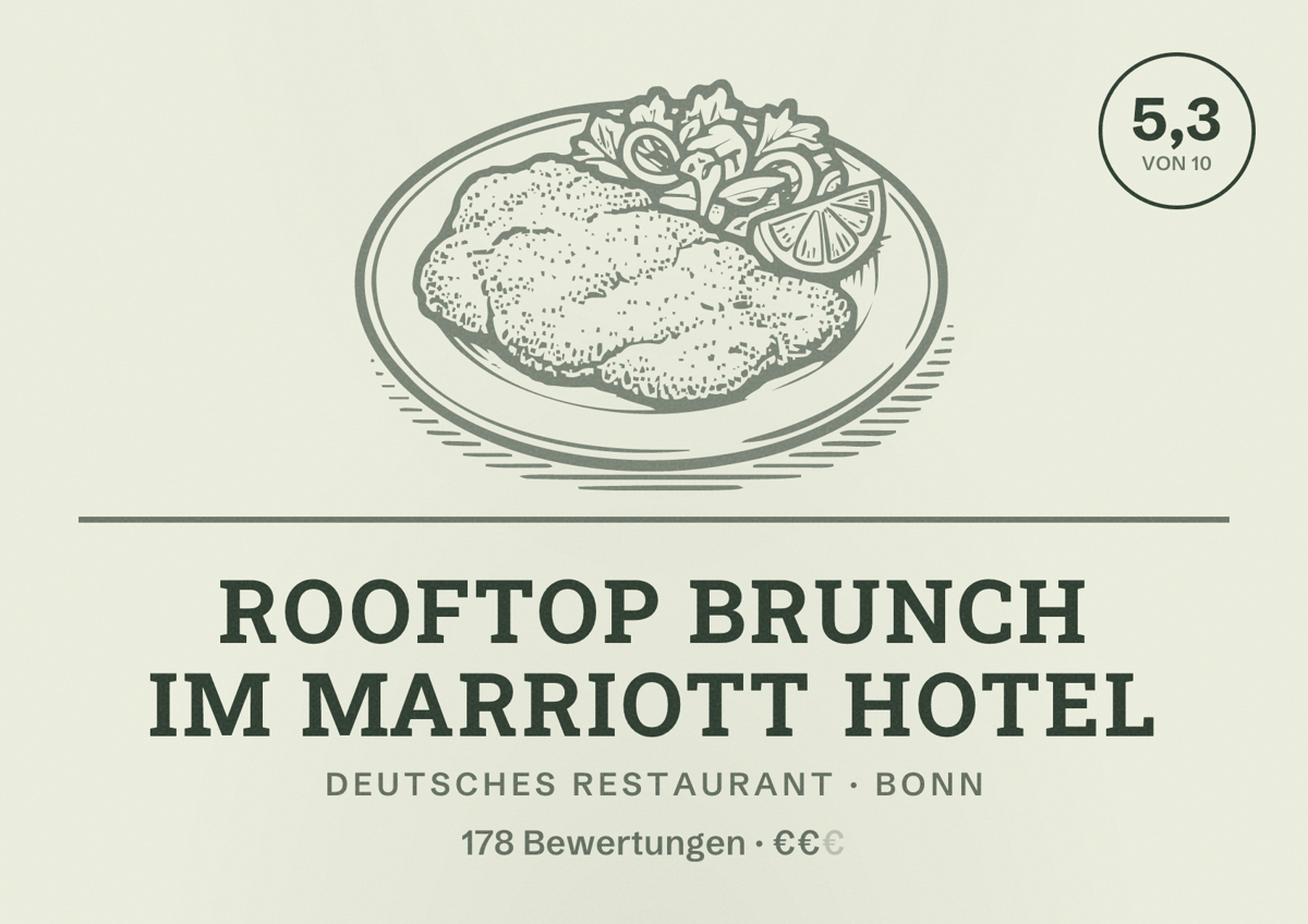 Illustriertes Poster von Rooftop Brunch im Marriott Hotel, Deutsches Restaurant in Bonn: Bewertung 5,3 von 10 aus 178 Bewertungen, Preisniveau €€