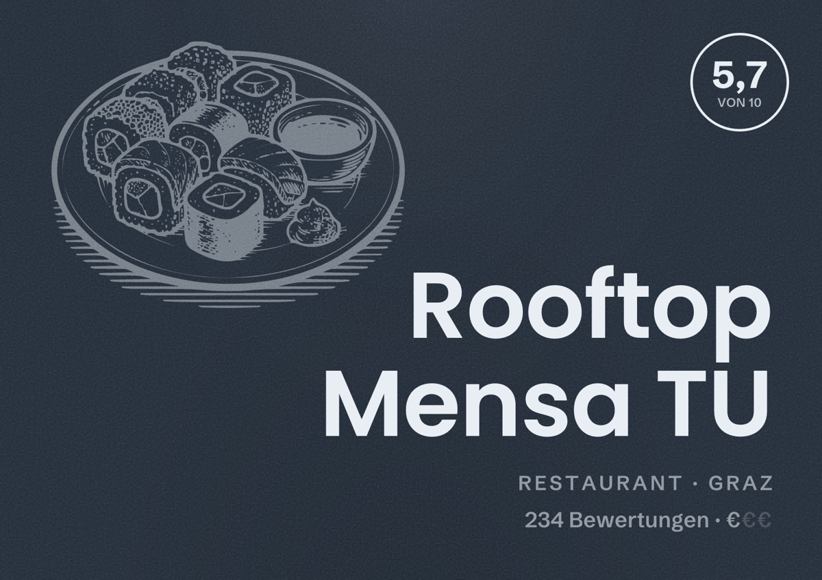 Illustriertes Poster von Rooftop Mensa TU, Restaurant in Graz: Bewertung 5,7 von 10 aus 234 Bewertungen, Preisniveau €