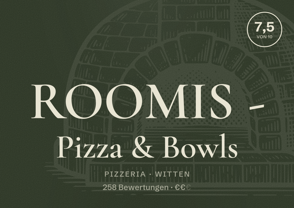 Illustriertes Poster von ROOMIS - Pizza & Bowls, Pizzeria in Witten: Bewertung 7,5 von 10 aus 258 Bewertungen, Preisniveau €€