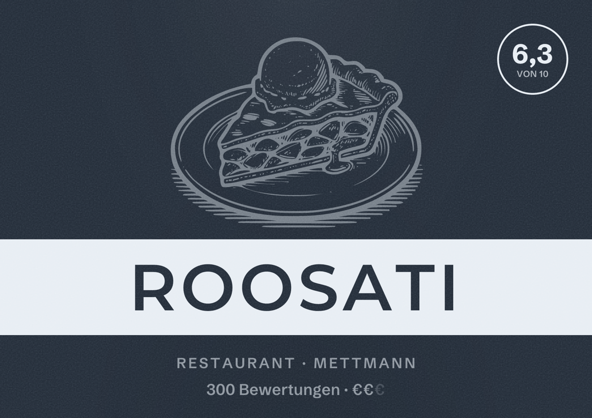 Illustriertes Poster von Roosati, Restaurant in Mettmann: Bewertung 6,3 von 10 aus 300 Bewertungen, Preisniveau €€
