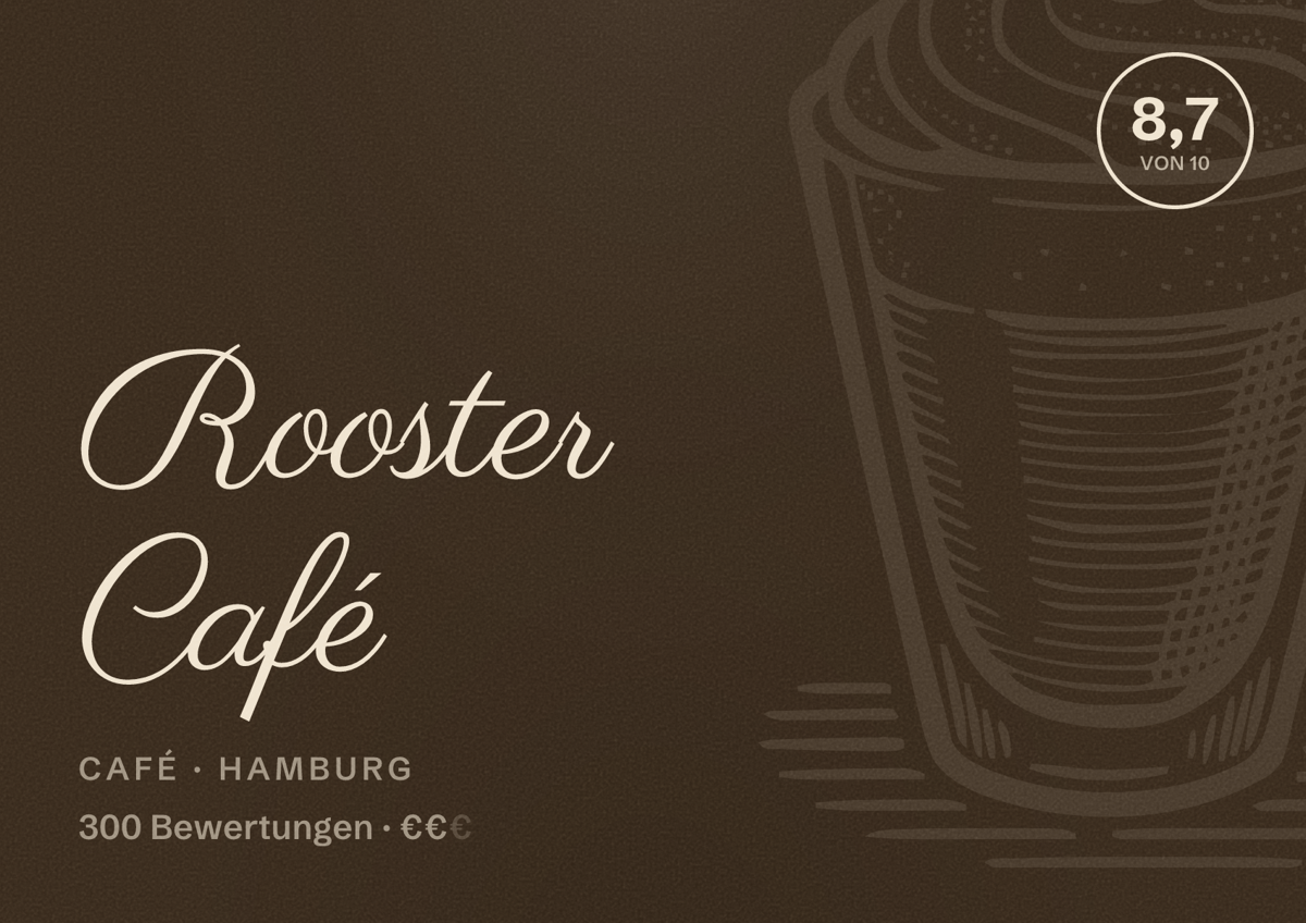 Illustriertes Poster von Rooster Café, Café in Hamburg: Bewertung 8,7 von 10 aus 300 Bewertungen, Preisniveau €€