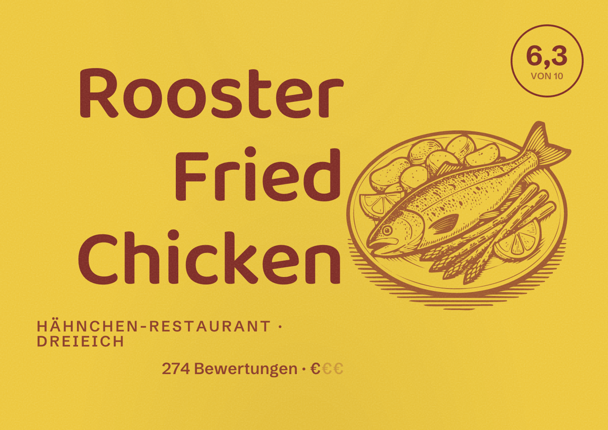 Illustriertes Poster von Rooster Fried Chicken, Hähnchen-Restaurant in Dreieich: Bewertung 6,3 von 10 aus 274 Bewertungen, Preisniveau €