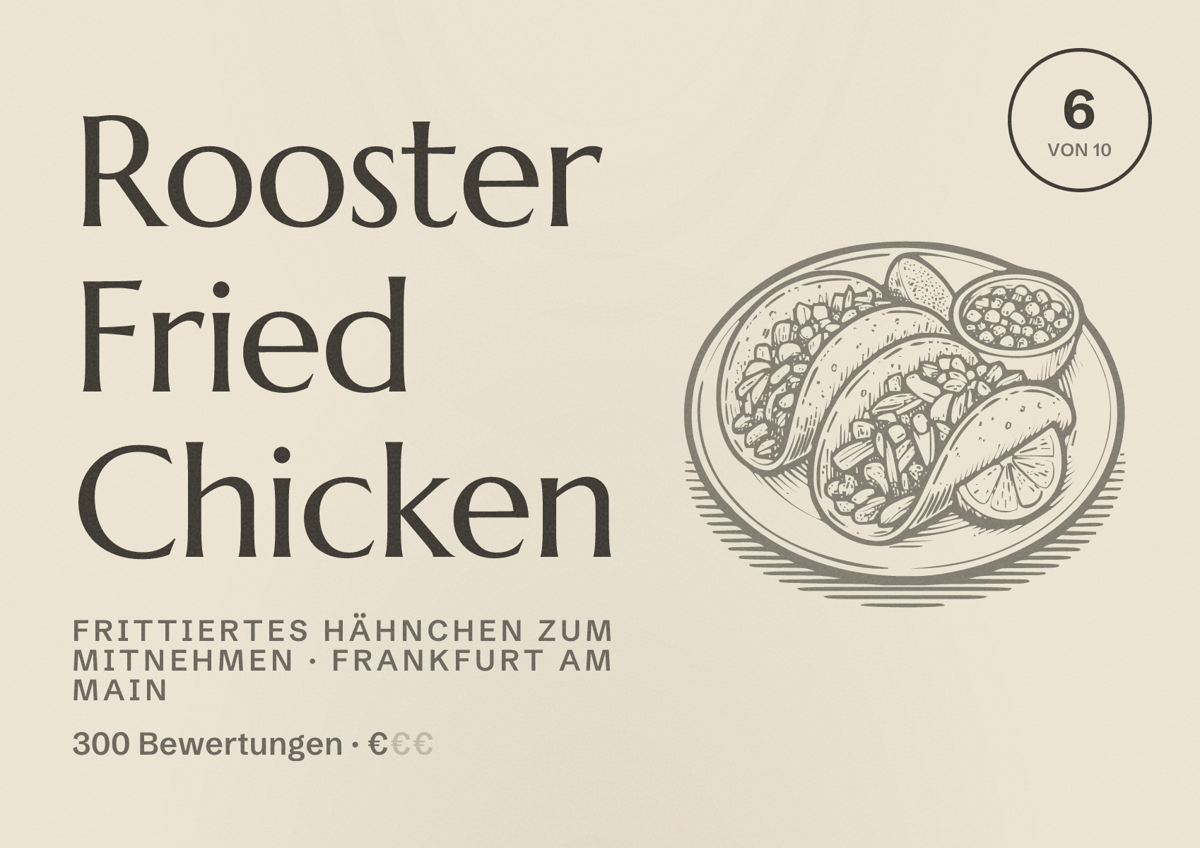 Illustriertes Poster von Rooster Fried Chicken, Frittiertes Hähnchen zum Mitnehmen in Frankfurt am Main: Bewertung 6,0 von 10 aus 300 Bewertungen, Preisniveau €