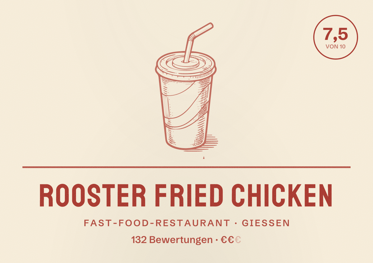 Illustriertes Poster von Rooster Fried Chicken, Fast-Food-Restaurant in Gießen: Bewertung 7,5 von 10 aus 132 Bewertungen, Preisniveau €€