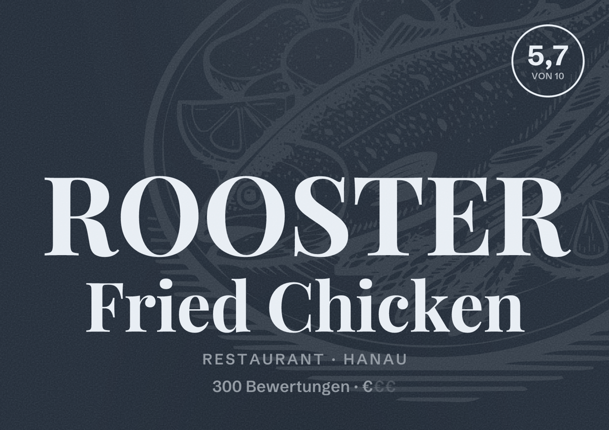 Illustriertes Poster von ROOSTER Fried Chicken, Restaurant in Hanau: Bewertung 5,7 von 10 aus 300 Bewertungen, Preisniveau €