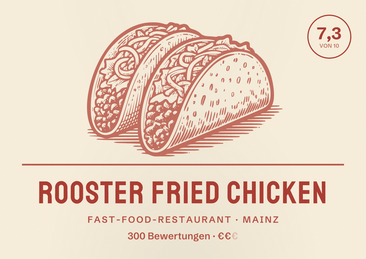 Illustriertes Poster von Rooster Fried Chicken, Fast-Food-Restaurant in Mainz: Bewertung 7,3 von 10 aus 300 Bewertungen, Preisniveau €€