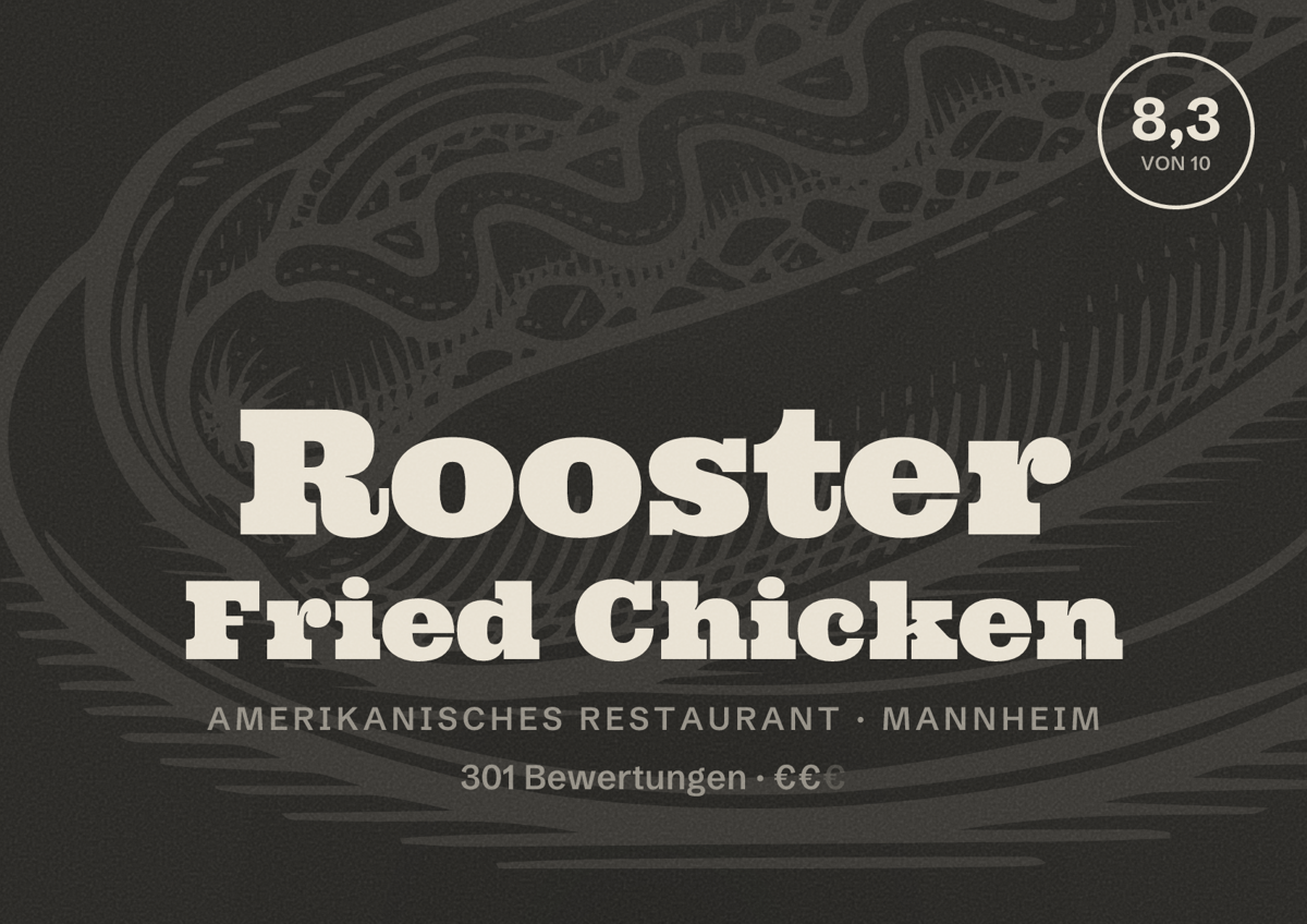 Illustriertes Poster von Rooster Fried Chicken, Amerikanisches Restaurant in Mannheim: Bewertung 8,3 von 10 aus 301 Bewertungen, Preisniveau €€