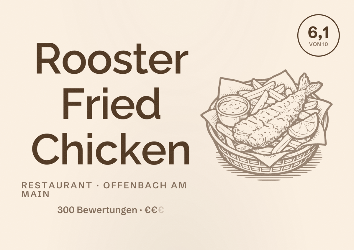 Illustriertes Poster von Rooster Fried Chicken, Restaurant in Offenbach am Main: Bewertung 6,1 von 10 aus 300 Bewertungen, Preisniveau €€