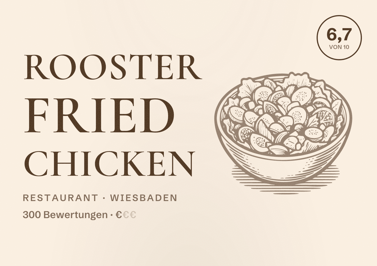 Illustriertes Poster von Rooster Fried Chicken, Restaurant in Wiesbaden: Bewertung 6,7 von 10 aus 300 Bewertungen, Preisniveau €