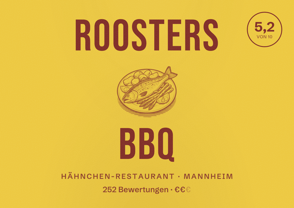 Illustriertes Poster von Roosters BBQ, Hähnchen-Restaurant in Mannheim: Bewertung 5,2 von 10 aus 252 Bewertungen, Preisniveau €€