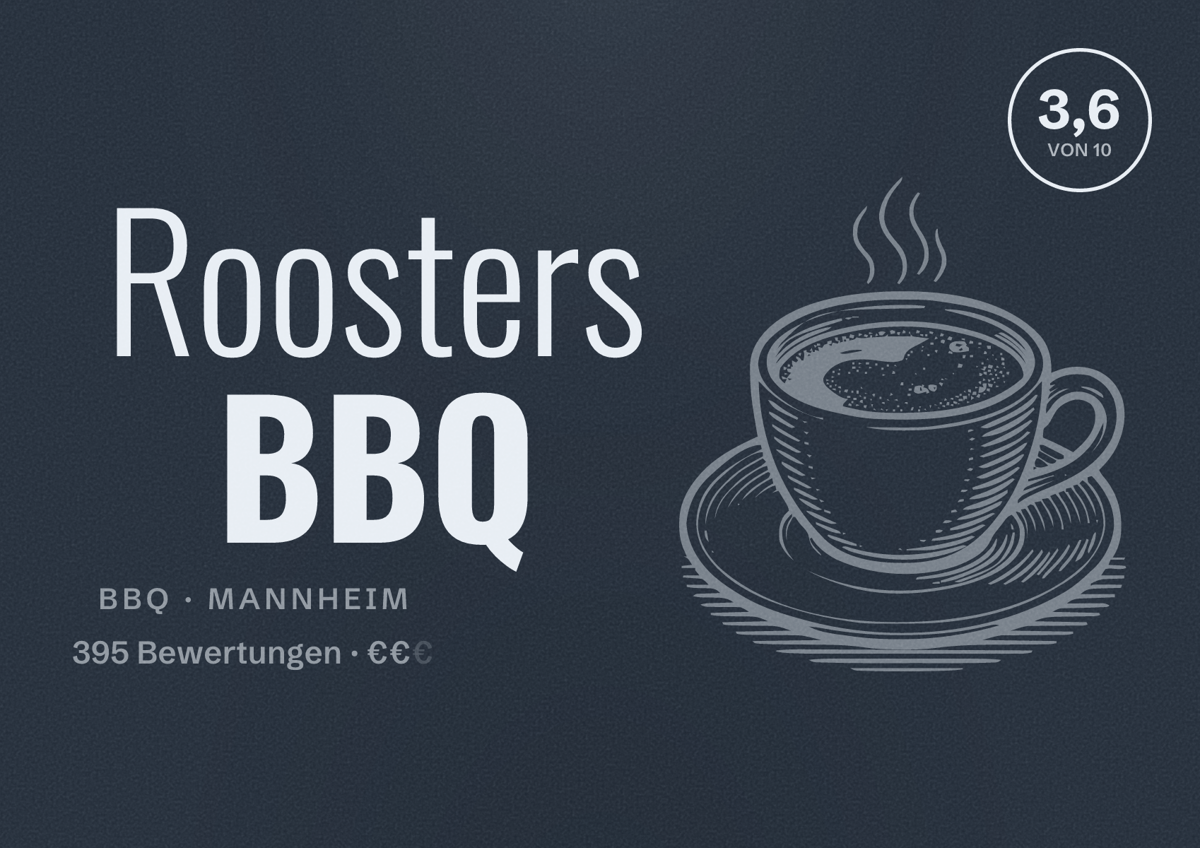 Illustriertes Poster von Roosters BBQ, BBQ in Mannheim: Bewertung 3,6 von 10 aus 395 Bewertungen, Preisniveau €€