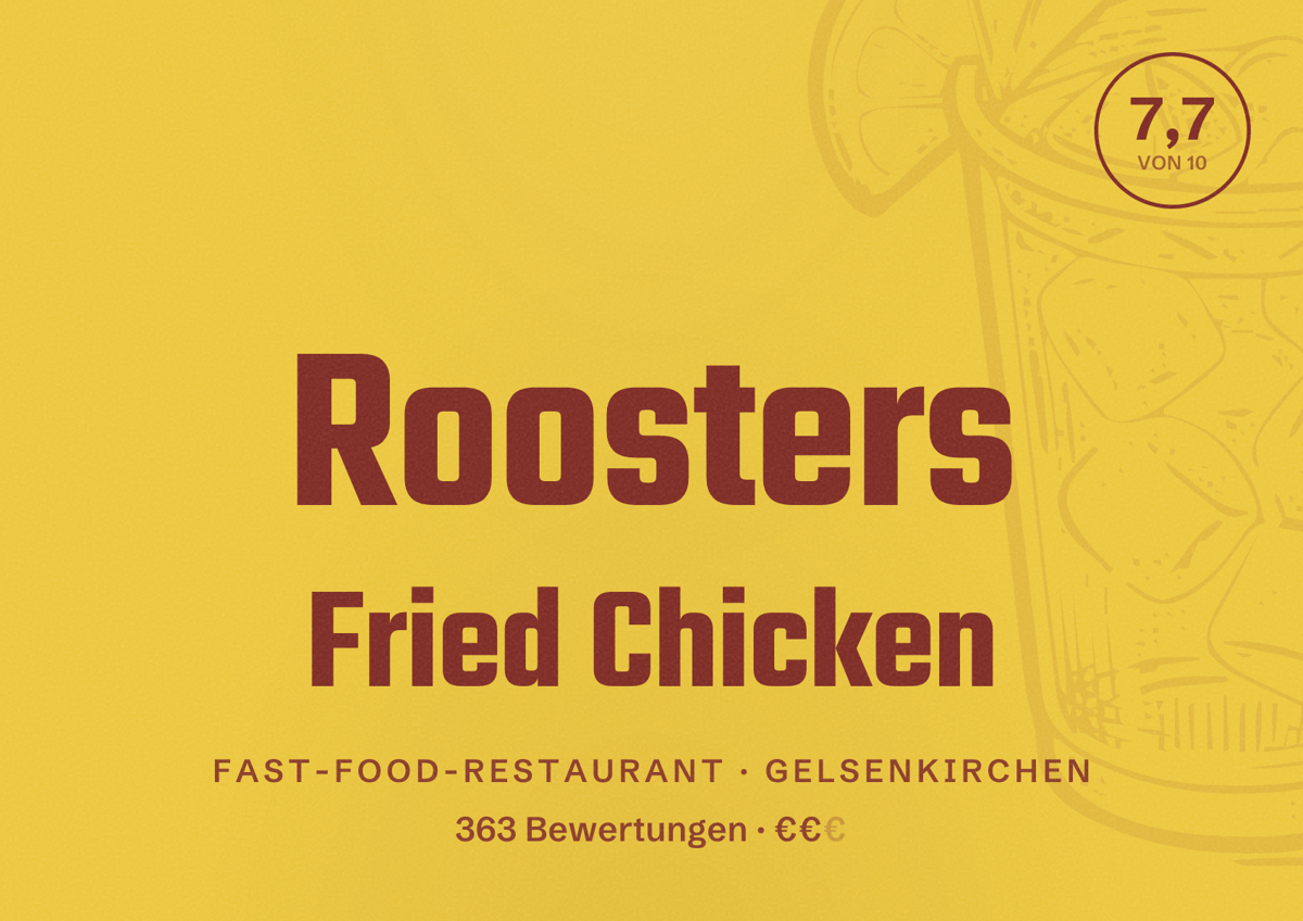 Illustriertes Poster von Roosters Fried Chicken, Fast-Food-Restaurant in Gelsenkirchen: Bewertung 7,7 von 10 aus 363 Bewertungen, Preisniveau €€