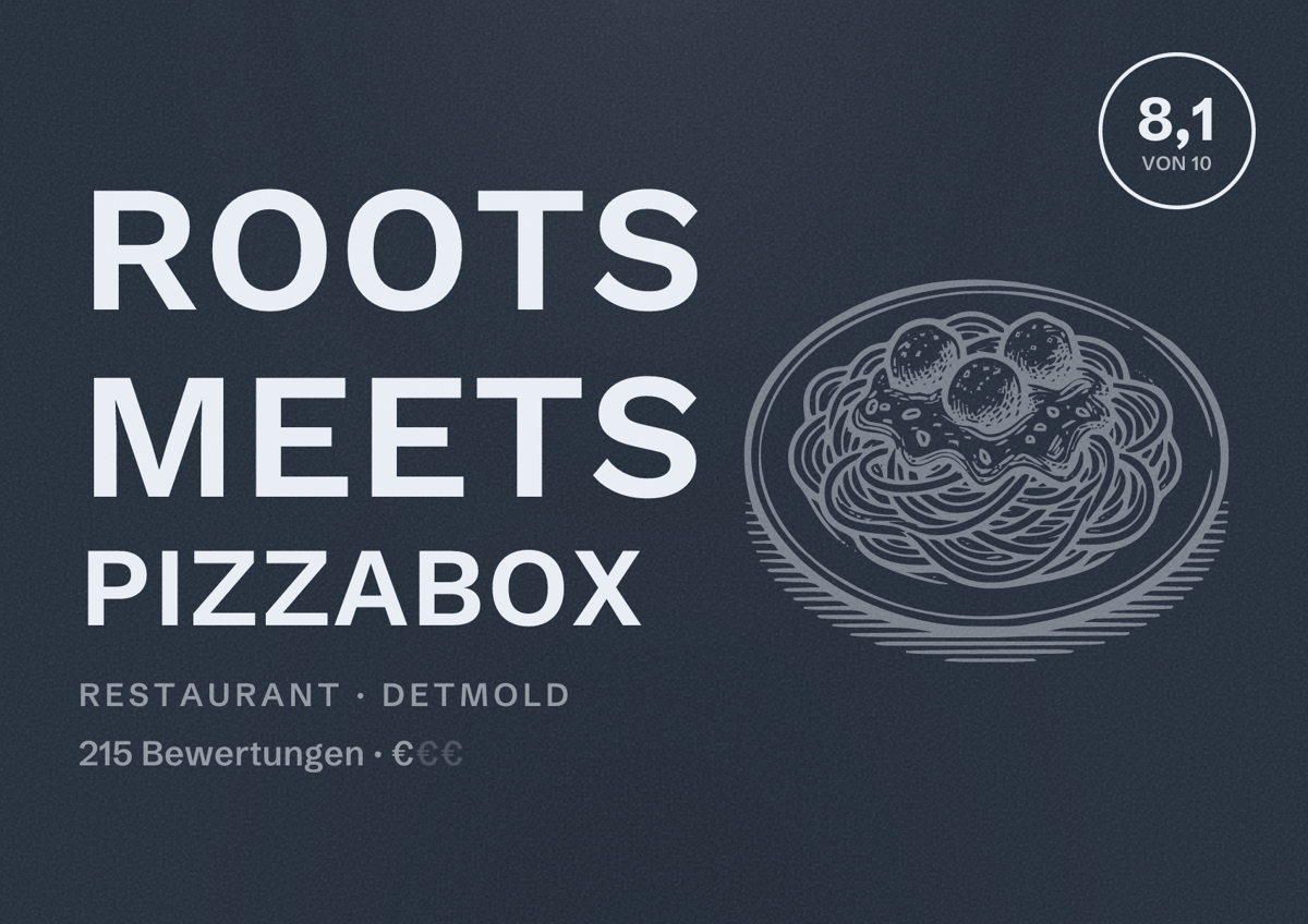 Illustriertes Poster von Roots meets Pizzabox, Restaurant in Detmold: Bewertung 8,1 von 10 aus 215 Bewertungen, Preisniveau €