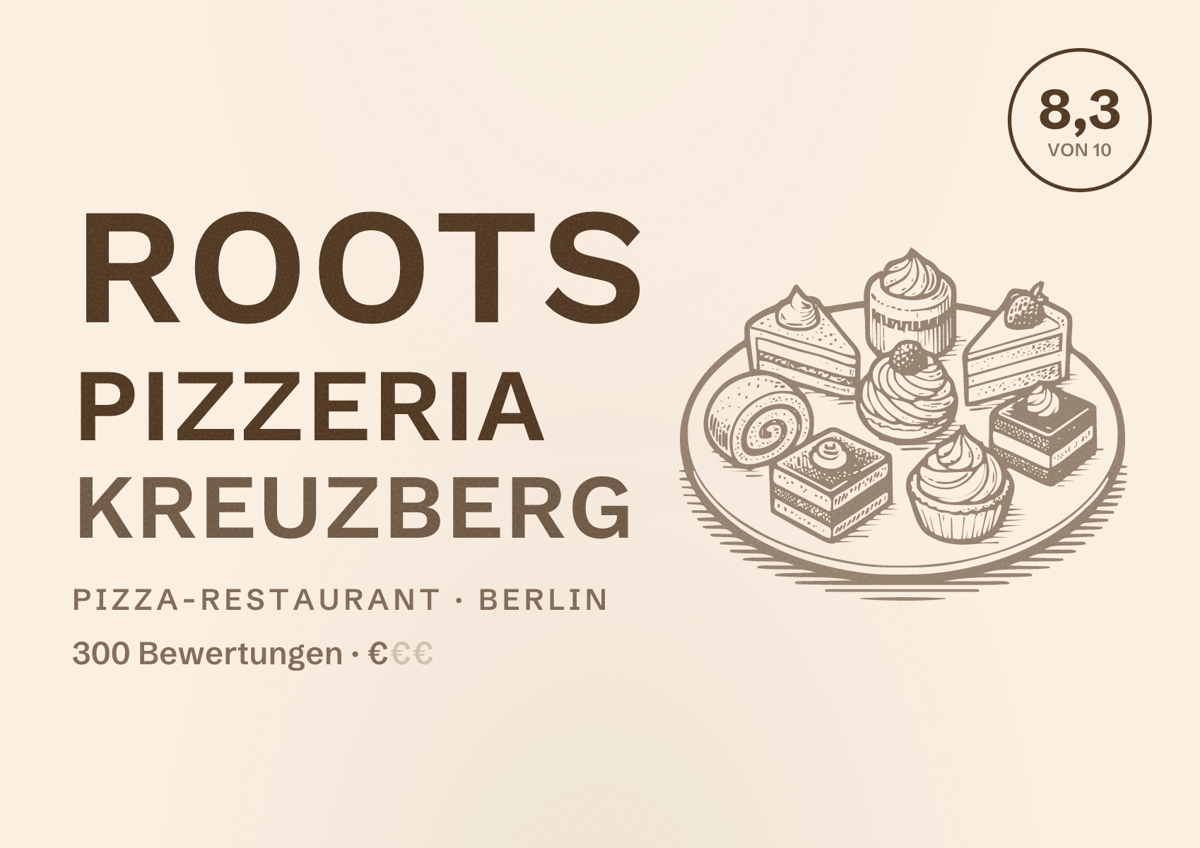 Illustriertes Poster von ROOTS Pizzeria Kreuzberg, Pizza-Restaurant in Berlin: Bewertung 8,3 von 10 aus 300 Bewertungen, Preisniveau €