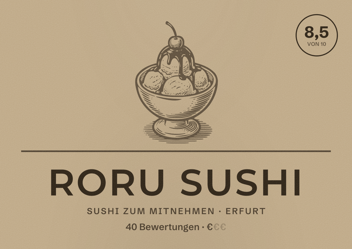 Illustriertes Poster von Roru Sushi, Sushi zum Mitnehmen in Erfurt: Bewertung 8,5 von 10 aus 40 Bewertungen, Preisniveau €