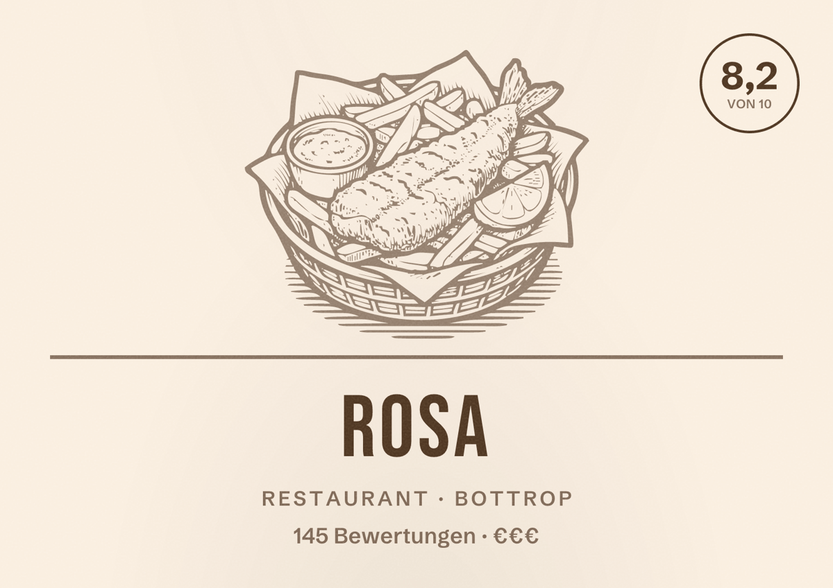 Illustriertes Poster von ROSA, Restaurant in Bottrop: Bewertung 8,2 von 10 aus 145 Bewertungen, Preisniveau €€€