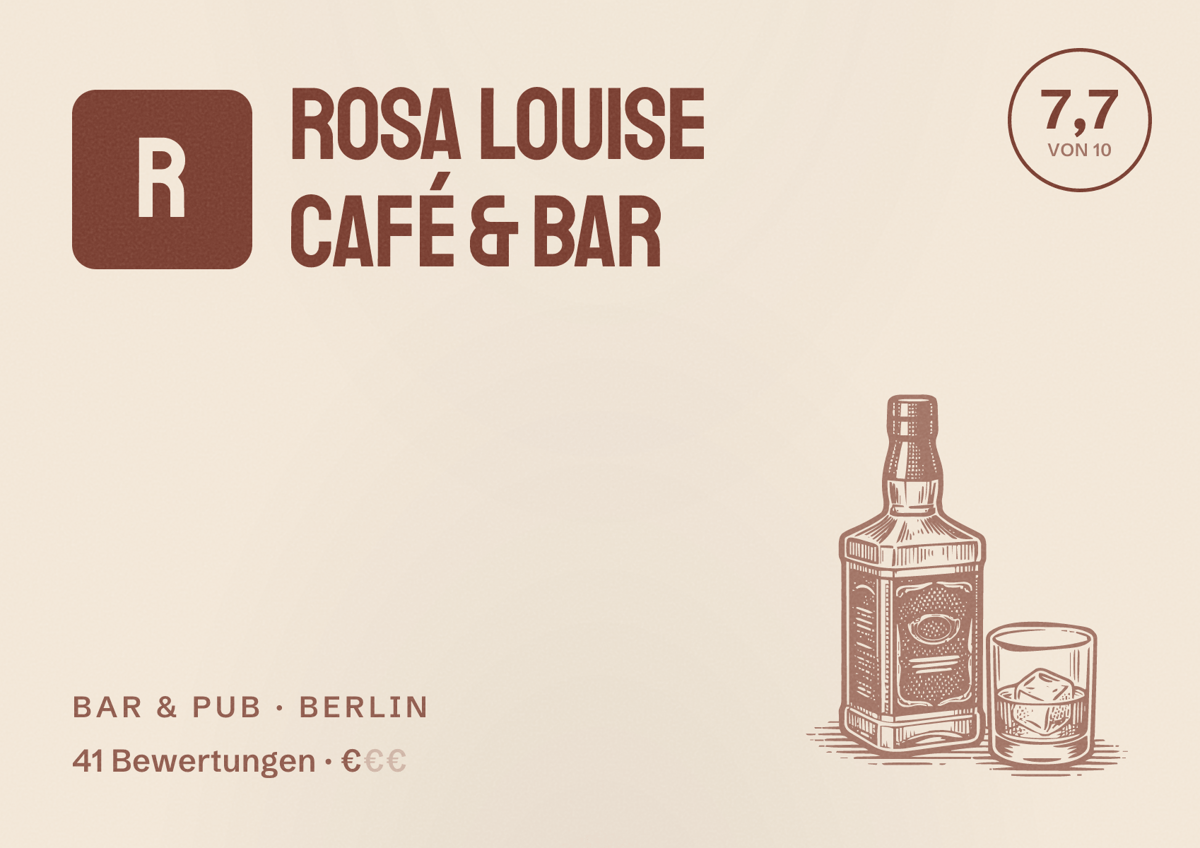 Illustriertes Poster von Rosa Louise Café & Bar, Bar & Pub in Berlin: Bewertung 7,7 von 10 aus 41 Bewertungen, Preisniveau €