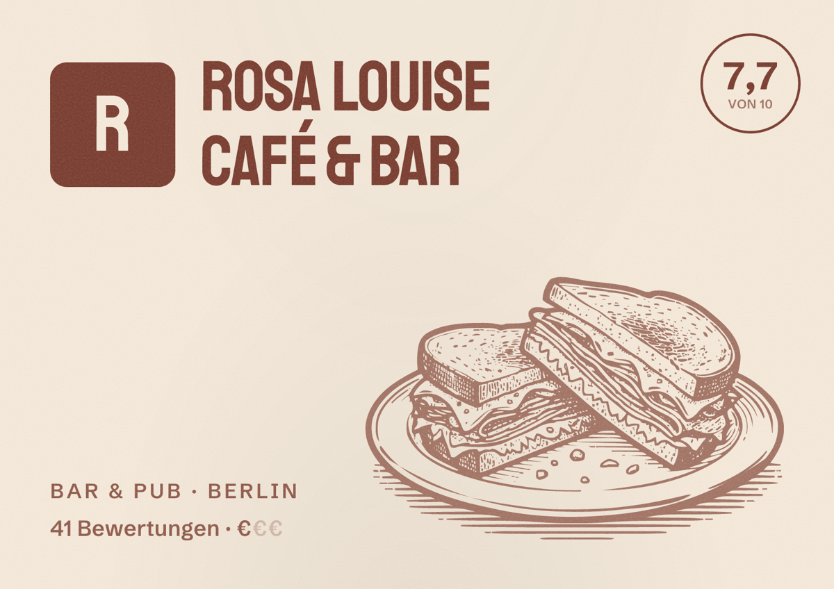 Illustriertes Poster von Rosa Louise Café & Bar, Bar & Pub in Berlin: Bewertung 7,7 von 10 aus 41 Bewertungen, Preisniveau €
