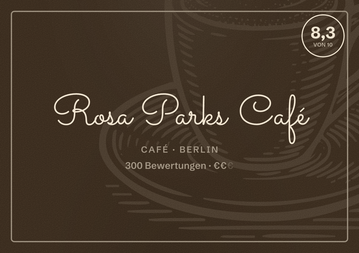 Illustriertes Poster von Rosa Parks Café, Café in Berlin: Bewertung 8,3 von 10 aus 300 Bewertungen, Preisniveau €€