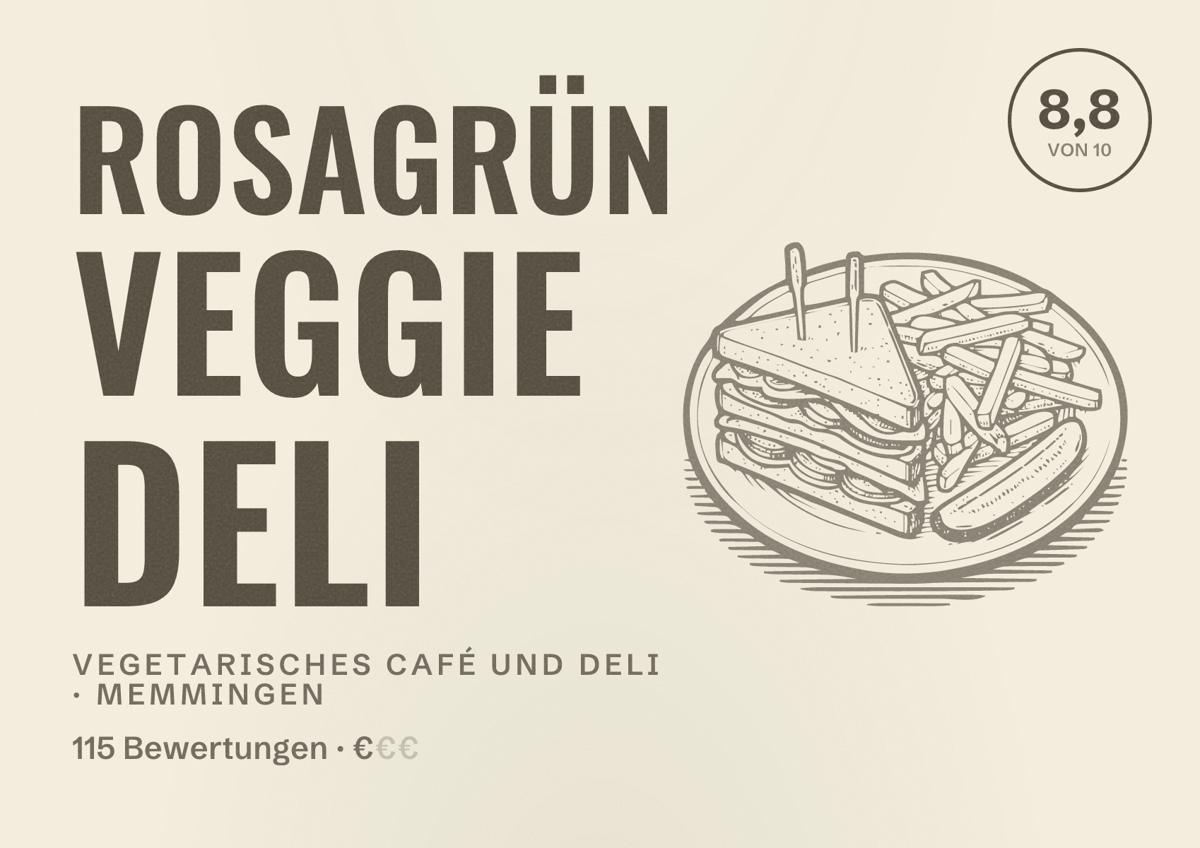 Illustriertes Poster von RosaGrün Veggie Deli, Vegetarisches Café und Deli in Memmingen: Bewertung 8,8 von 10 aus 115 Bewertungen, Preisniveau €
