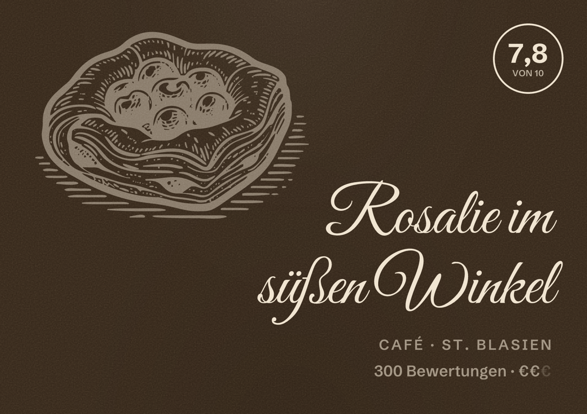 Illustriertes Poster von Rosalie im süßen Winkel, Café in St. Blasien: Bewertung 7,8 von 10 aus 300 Bewertungen, Preisniveau €€