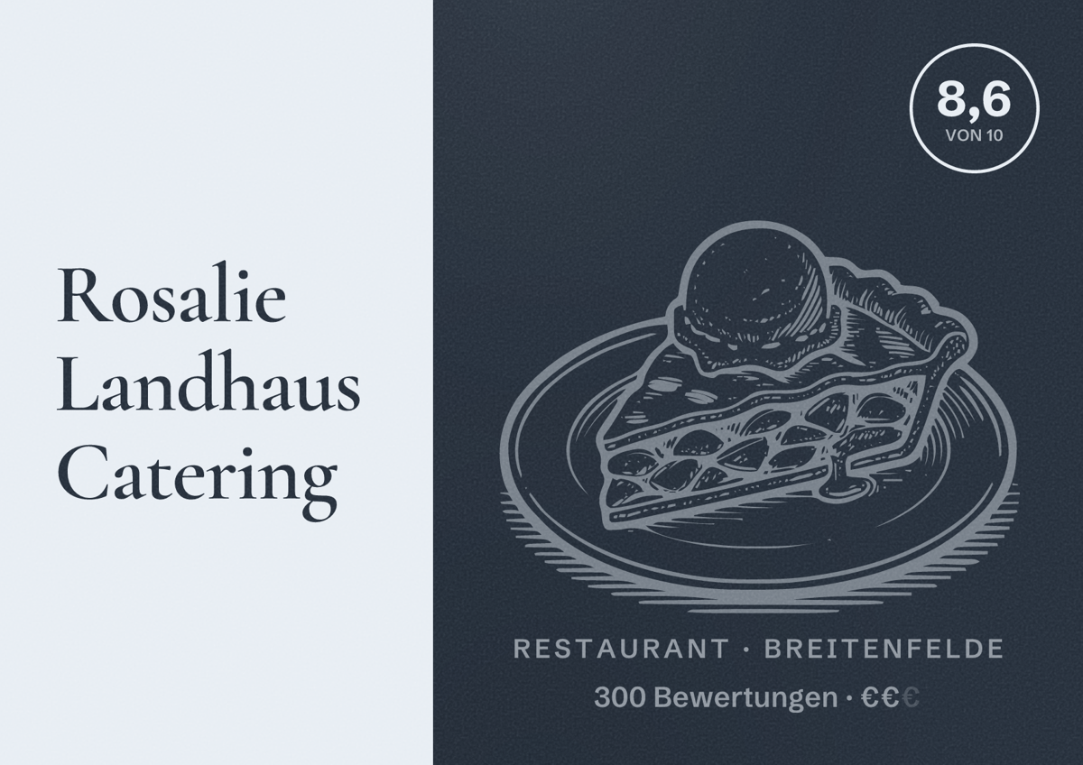 Illustriertes Poster von Rosalie Landhaus Catering, Restaurant in Breitenfelde: Bewertung 8,6 von 10 aus 300 Bewertungen, Preisniveau €€