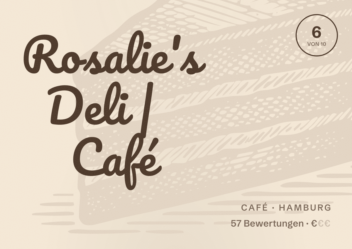 Illustriertes Poster von Rosalie's Deli | Café, Café in Hamburg: Bewertung 6,0 von 10 aus 57 Bewertungen, Preisniveau €