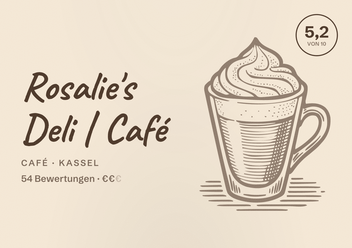 Illustriertes Poster von Rosalie's Deli | Café, Café in Kassel: Bewertung 5,2 von 10 aus 54 Bewertungen, Preisniveau €€