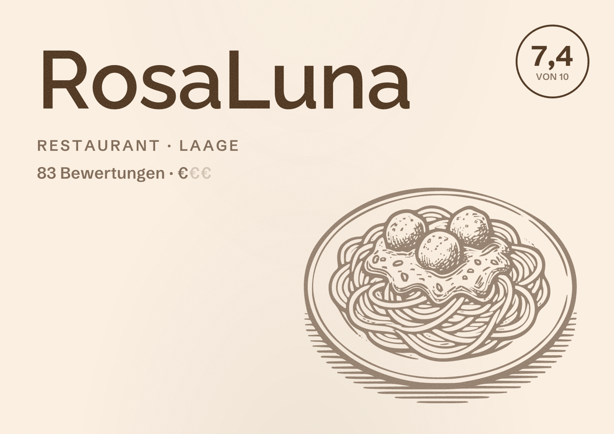 Illustriertes Poster von RosaLuna, Restaurant in Laage: Bewertung 7,4 von 10 aus 83 Bewertungen, Preisniveau €
