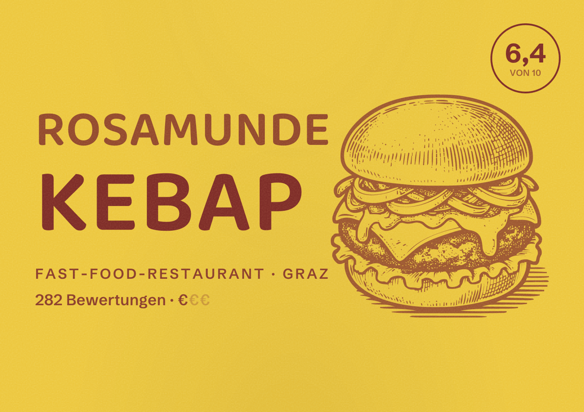 Illustriertes Poster von Rosamunde Kebap, Fast-Food-Restaurant in Graz: Bewertung 6,4 von 10 aus 282 Bewertungen, Preisniveau €
