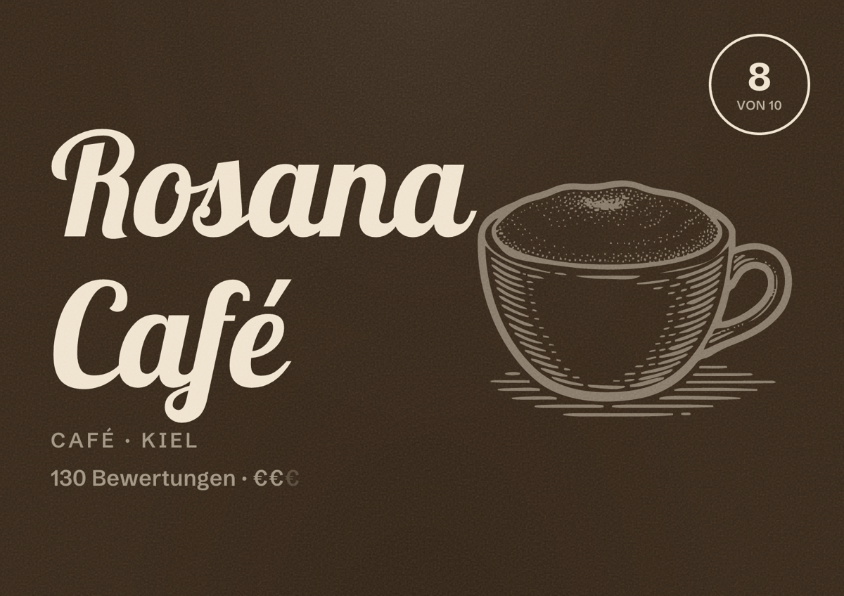 Illustriertes Poster von Rosana Café, Café in Kiel: Bewertung 8 von 10 aus 130 Bewertungen, Preisniveau €€