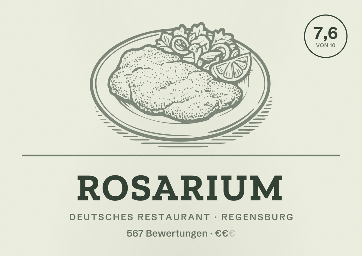 Illustriertes Poster von Rosarium, Deutsches Restaurant in Regensburg: Gästebewertung 7,6 von 10 aus 567 Bewertungen