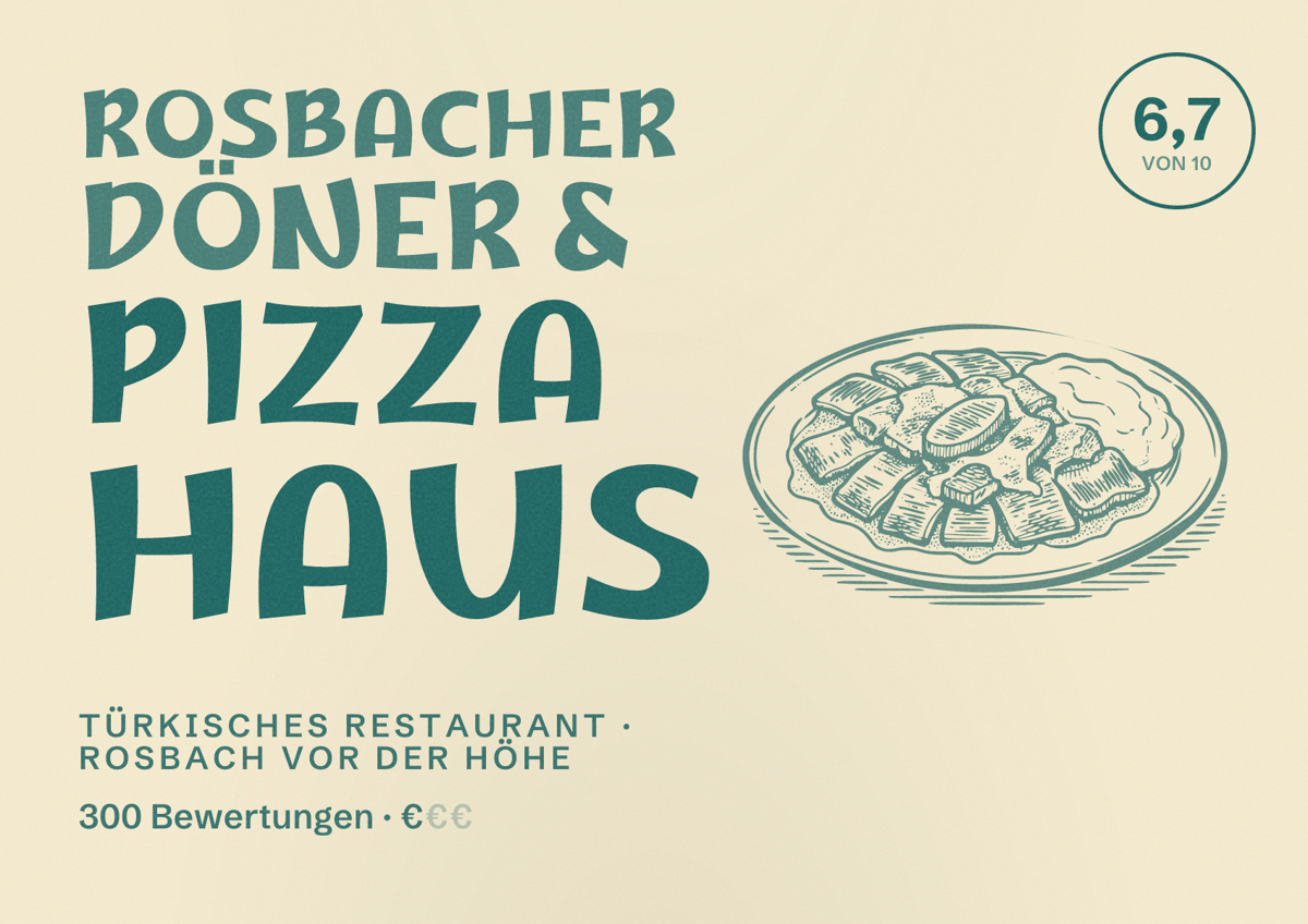 Illustriertes Poster von ROSBACHER DÖNER & PIZZA HAUS, Türkisches Restaurant in Rosbach vor der Höhe: Bewertung 6,7 von 10 aus 300 Bewertungen, Preisniveau €