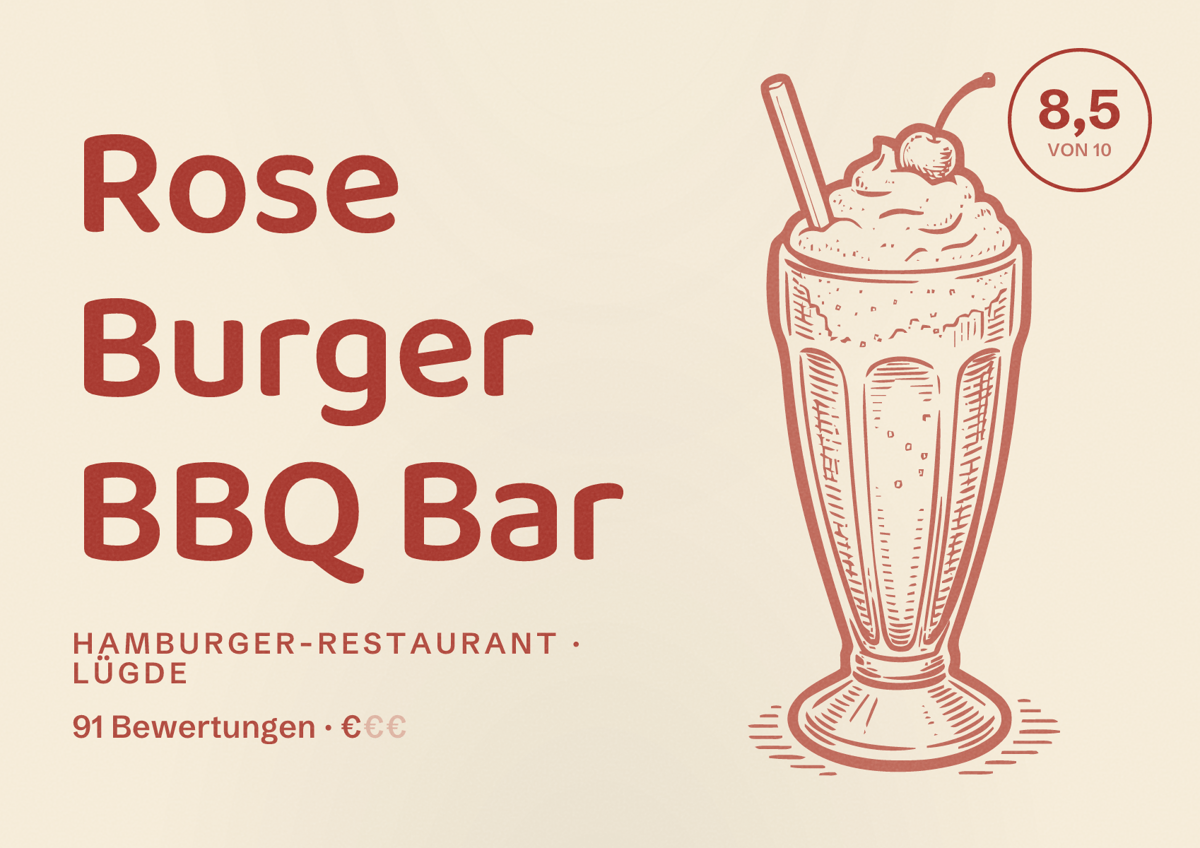 Illustriertes Poster von Rose Burger BBQ Bar, Hamburger-Restaurant in Lügde: Bewertung 8,5 von 10 aus 91 Bewertungen, Preisniveau €