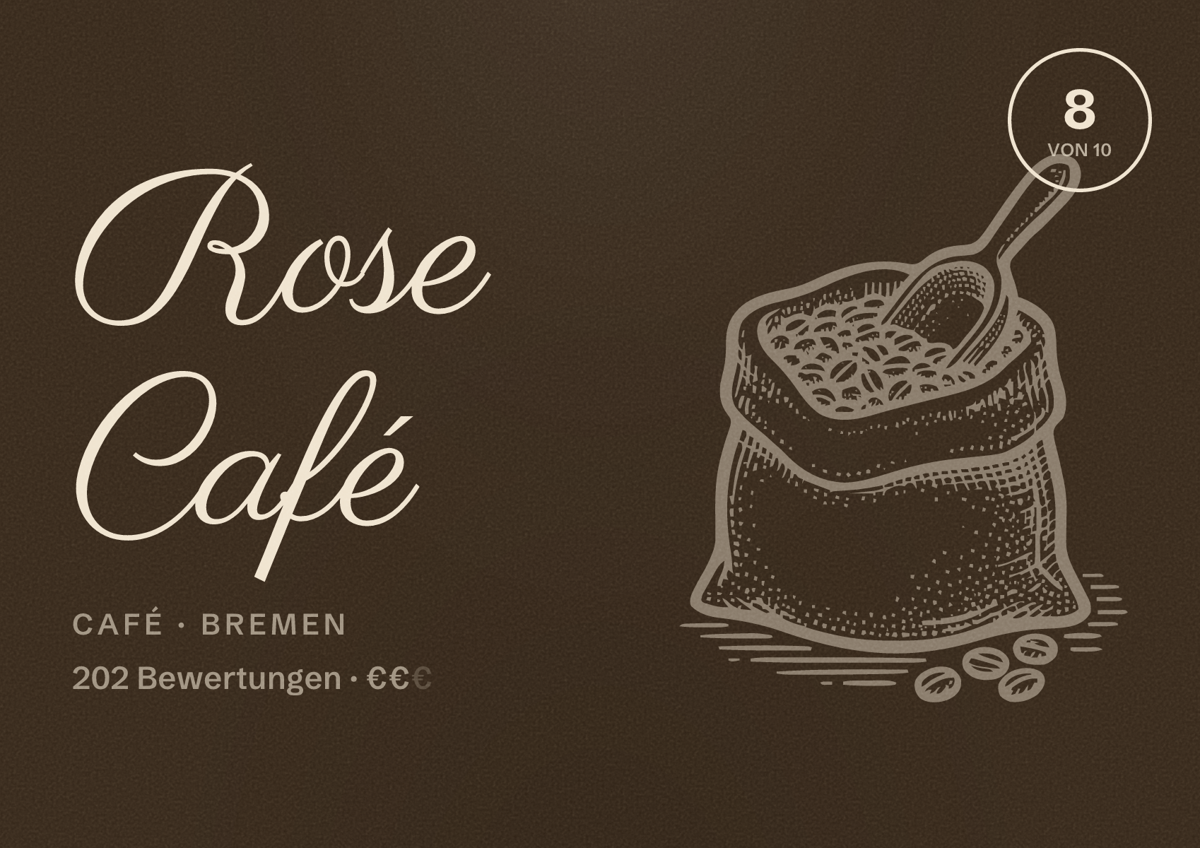 Illustriertes Poster von Rose Café, Café in Bremen: Bewertung 8 von 10 aus 202 Bewertungen, Preisniveau €€