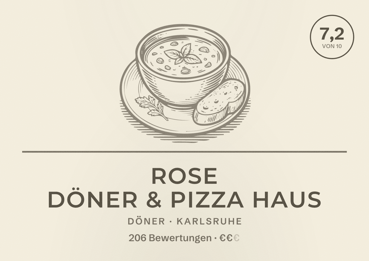 Illustriertes Poster von Rose Döner & Pizza Haus, Döner in Karlsruhe: Bewertung 7,2 von 10 aus 206 Bewertungen, Preisniveau €€