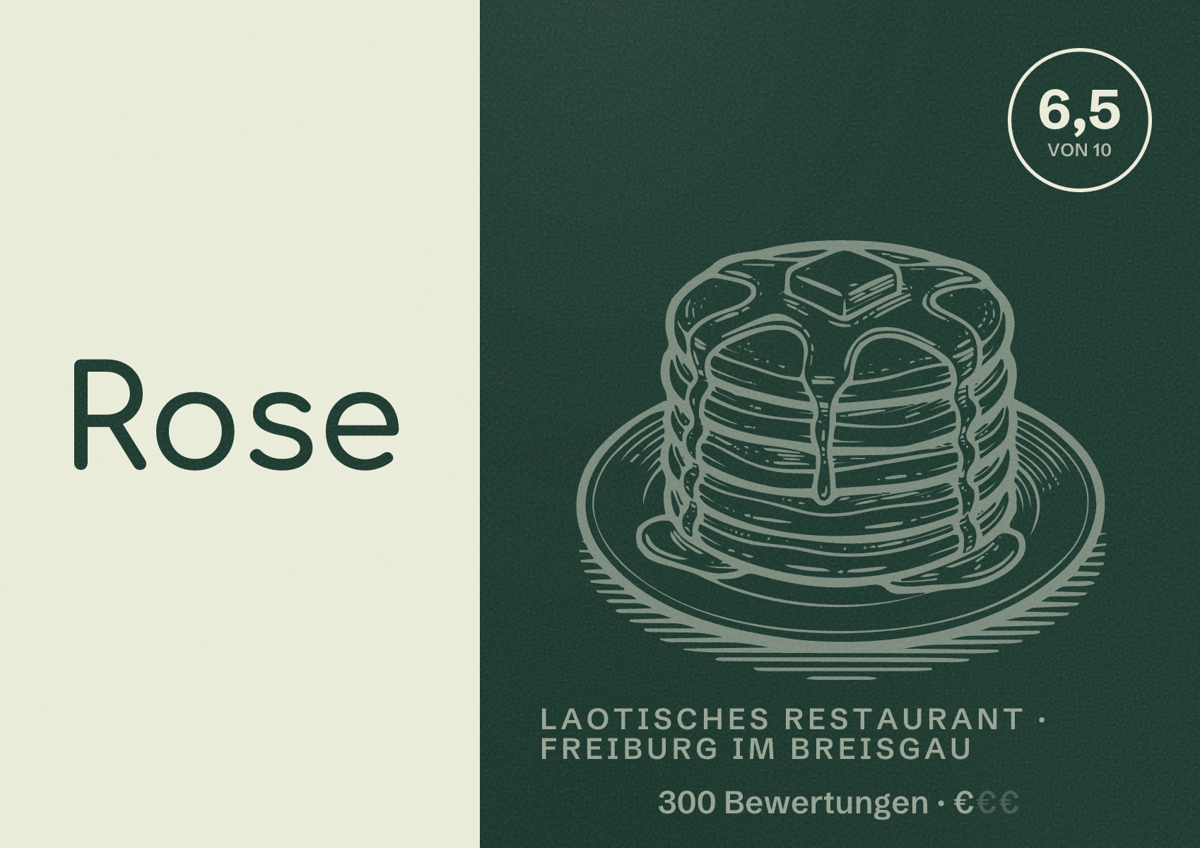 Illustriertes Poster von Rose, Laotisches Restaurant in Freiburg im Breisgau: Bewertung 6,5 von 10 aus 300 Bewertungen, Preisniveau €