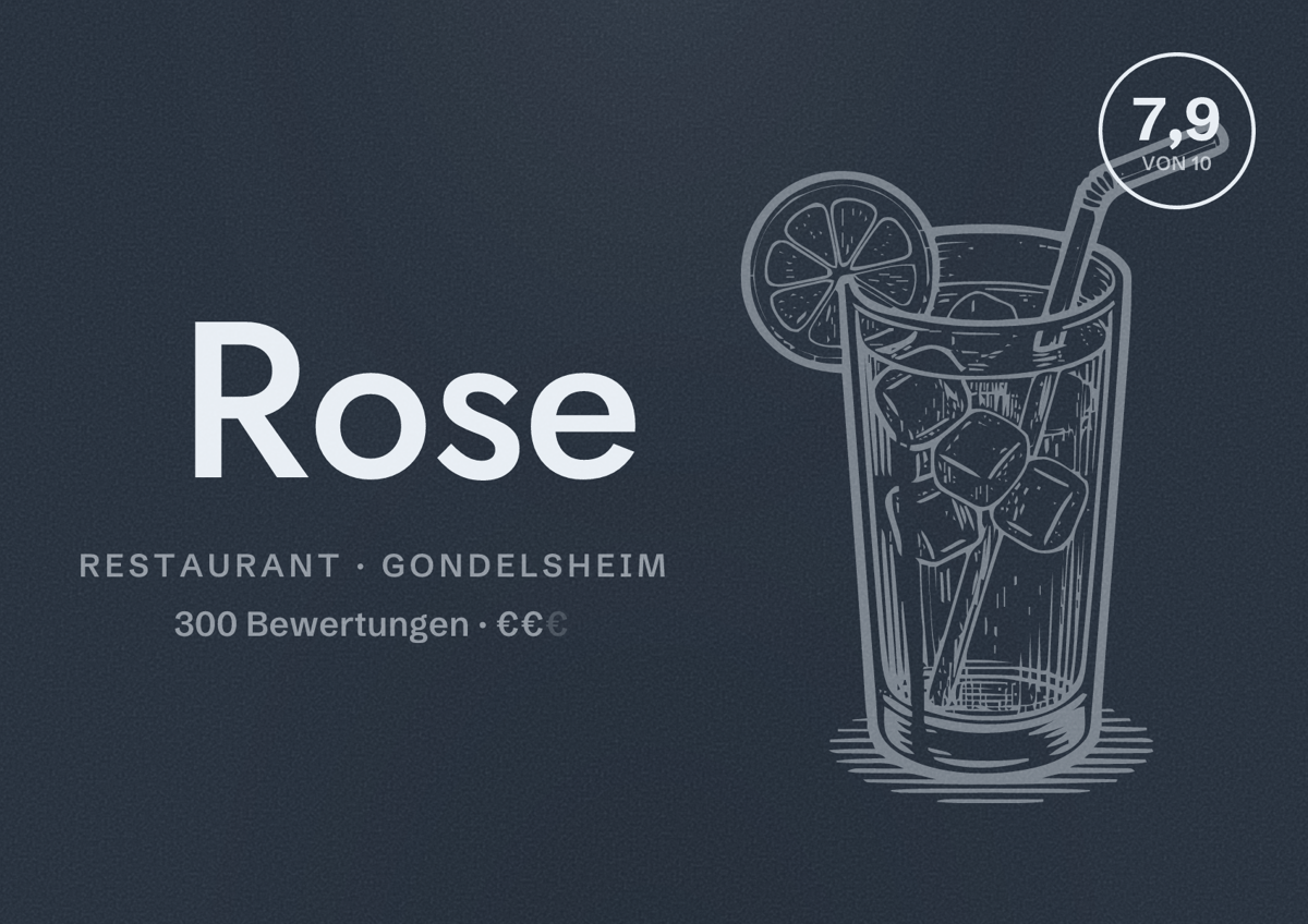 Illustriertes Poster von Rose, Restaurant in Gondelsheim: Bewertung 7,9 von 10 aus 300 Bewertungen, Preisniveau €€