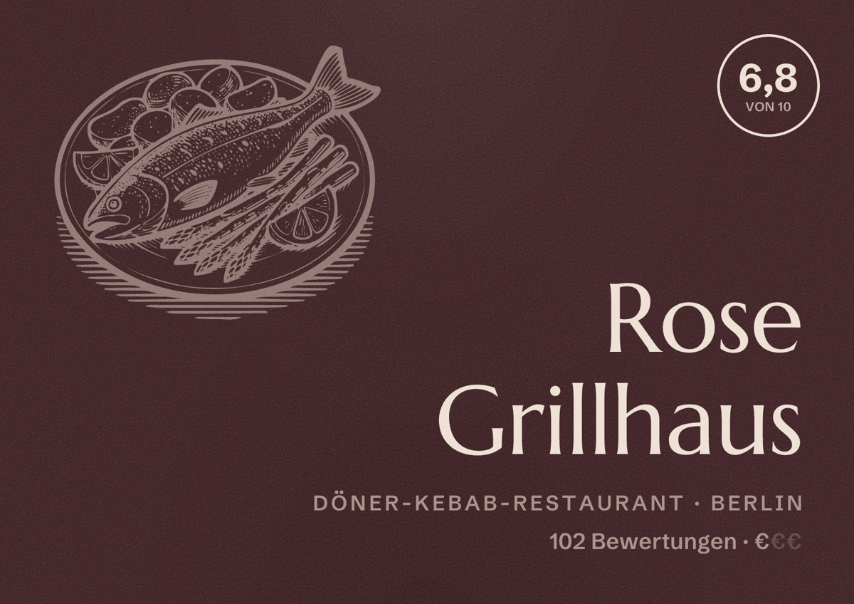 Illustriertes Poster von Rose Grillhaus, Döner-Kebab-Restaurant in Berlin: Bewertung 6,8 von 10 aus 102 Bewertungen, Preisniveau €