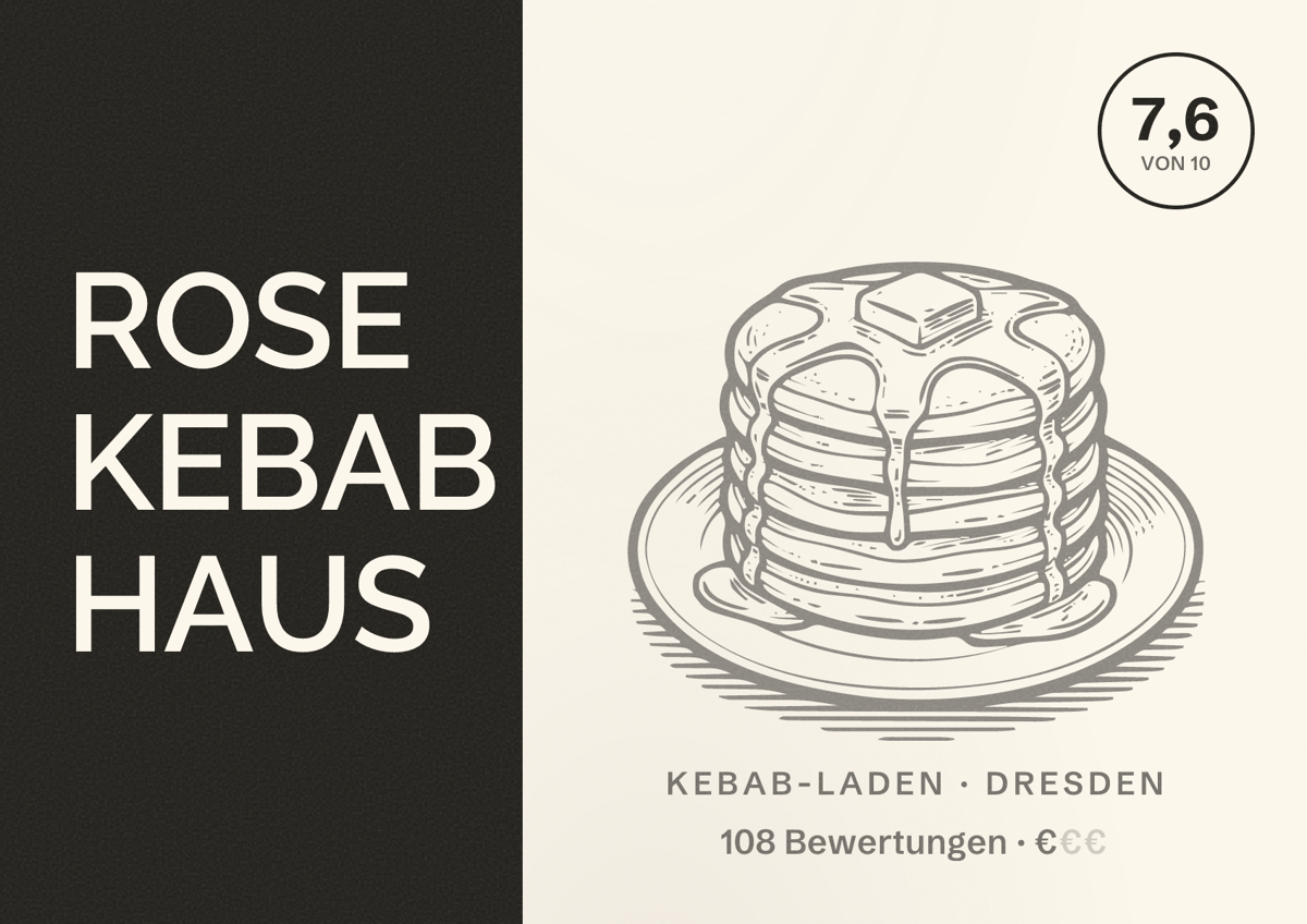 Illustriertes Poster von ROSE KEBAB HAUS, Kebab-Laden in Dresden: Bewertung 7,6 von 10 aus 108 Bewertungen, Preisniveau €