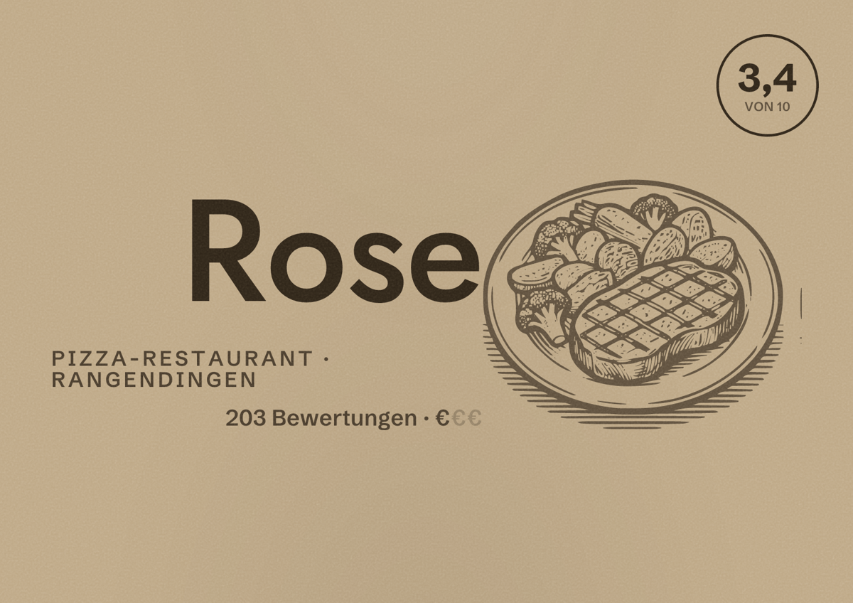 Illustriertes Poster von Rose, Pizza-Restaurant in Rangendingen: Bewertung 3,4 von 10 aus 203 Bewertungen, Preisniveau €