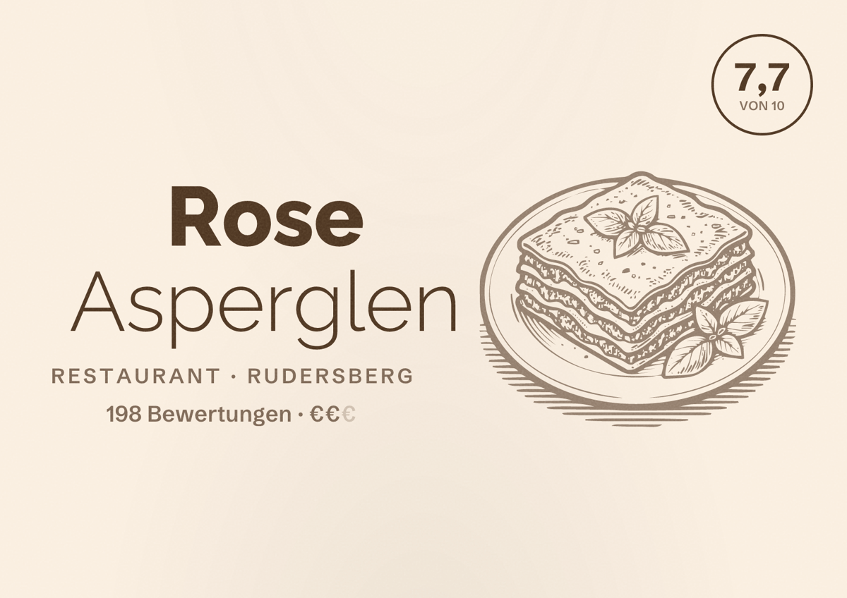Illustriertes Poster von Rose Asperglen, Restaurant in Rudersberg: Bewertung 7,7 von 10 aus 198 Bewertungen, Preisniveau €€