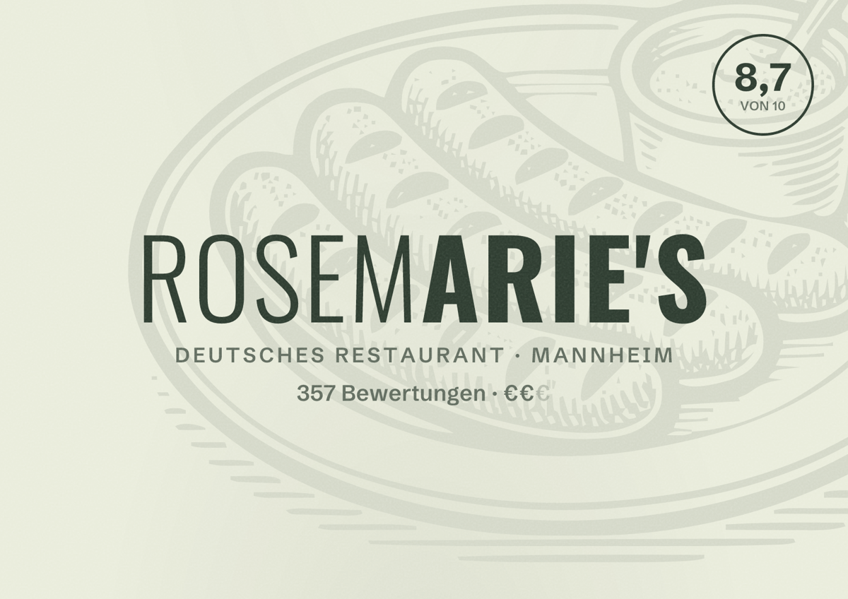 Illustriertes Poster von Rosemarie's, Deutsches Restaurant in Mannheim: Bewertung 8,7 von 10 aus 357 Bewertungen, Preisniveau €€